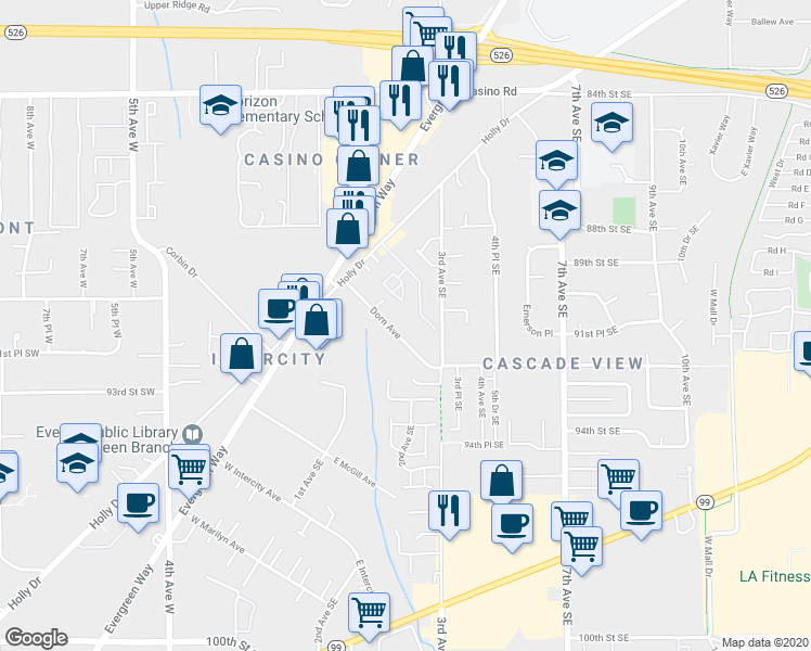 map of restaurants, bars, coffee shops, grocery stores, and more near 8823 Holly Drive in Everett