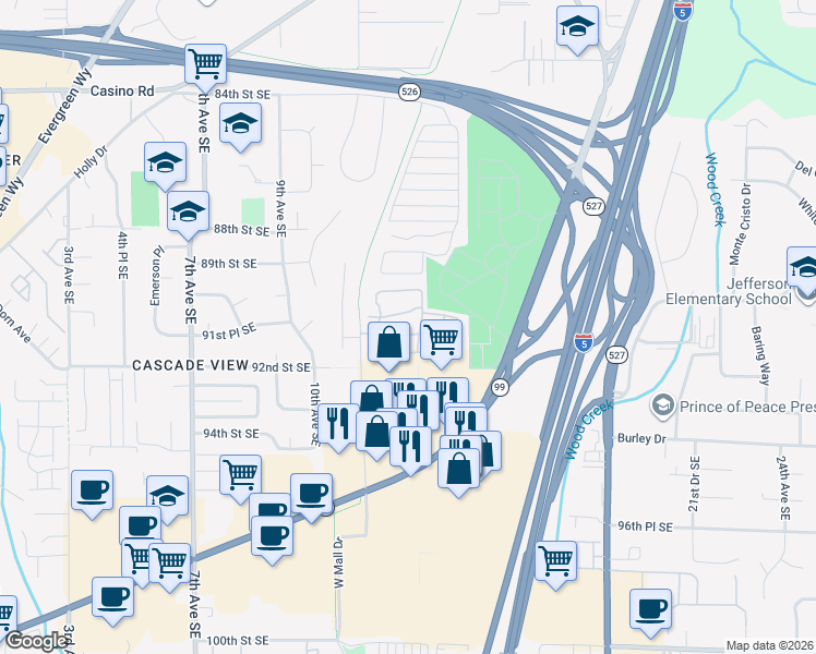 map of restaurants, bars, coffee shops, grocery stores, and more near 9009 West Mall Drive in Everett