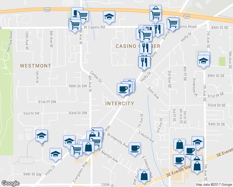 map of restaurants, bars, coffee shops, grocery stores, and more near 9025 Corbin Drive in Everett