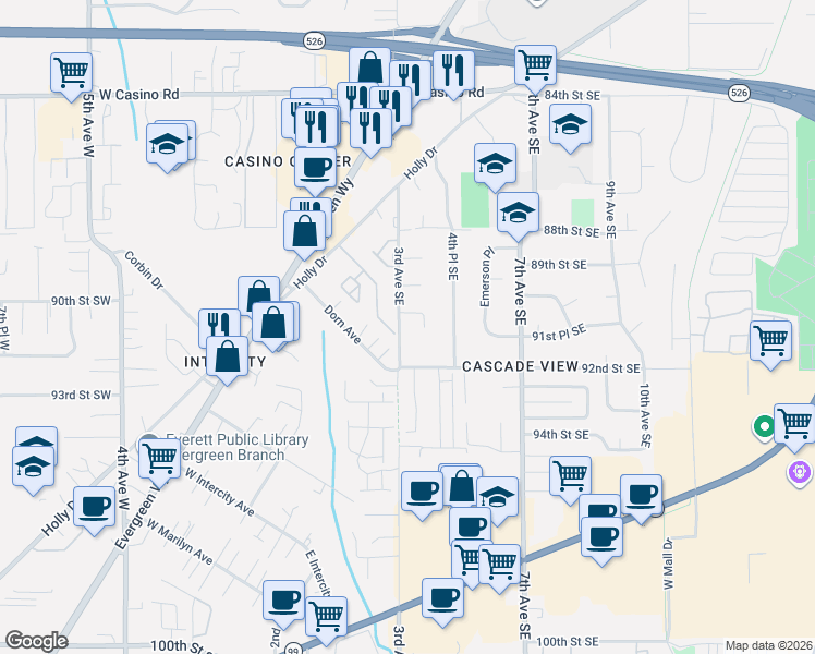 map of restaurants, bars, coffee shops, grocery stores, and more near 9117 3rd Avenue Southeast in Everett