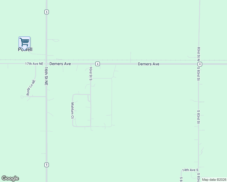 map of restaurants, bars, coffee shops, grocery stores, and more near 9200 Mulholland Drive in Grand Forks