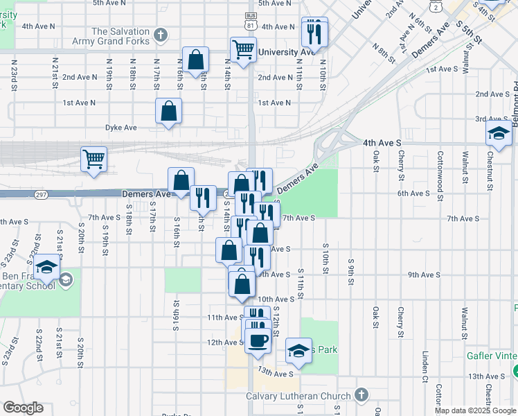 map of restaurants, bars, coffee shops, grocery stores, and more near 623 South Washington Street in Grand Forks