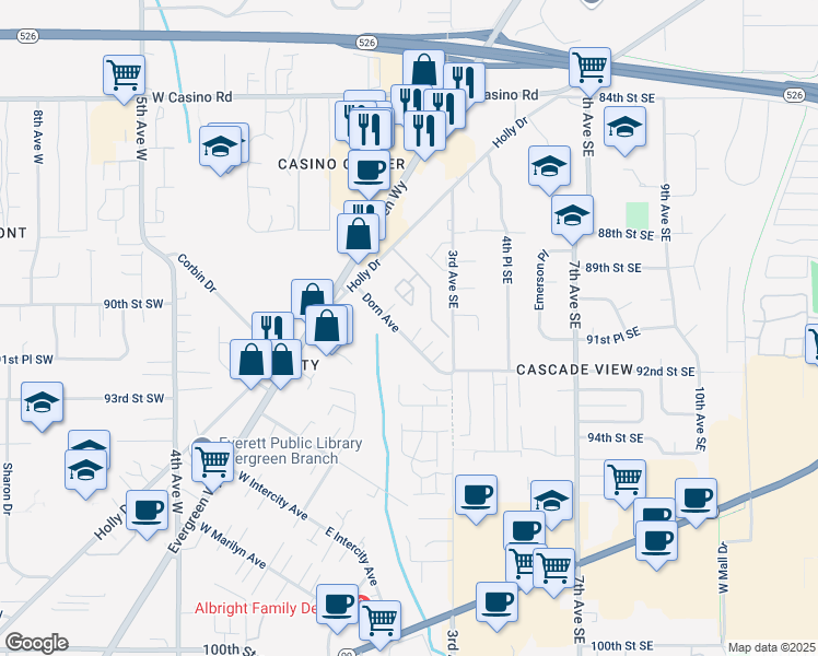 map of restaurants, bars, coffee shops, grocery stores, and more near 123 Dorn Avenue in Everett