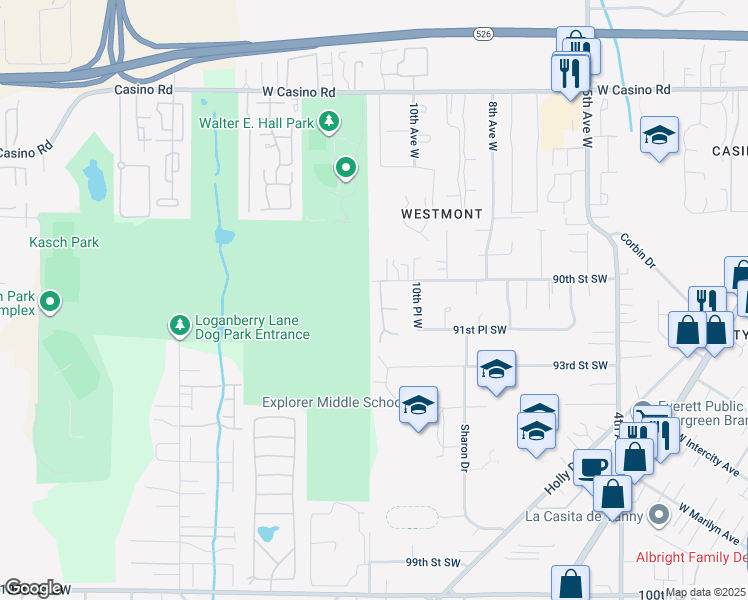map of restaurants, bars, coffee shops, grocery stores, and more near 9016 11th Place West in Everett