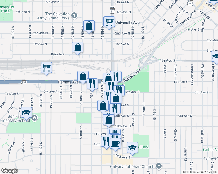 map of restaurants, bars, coffee shops, grocery stores, and more near 600 S Washington St in Grand Forks