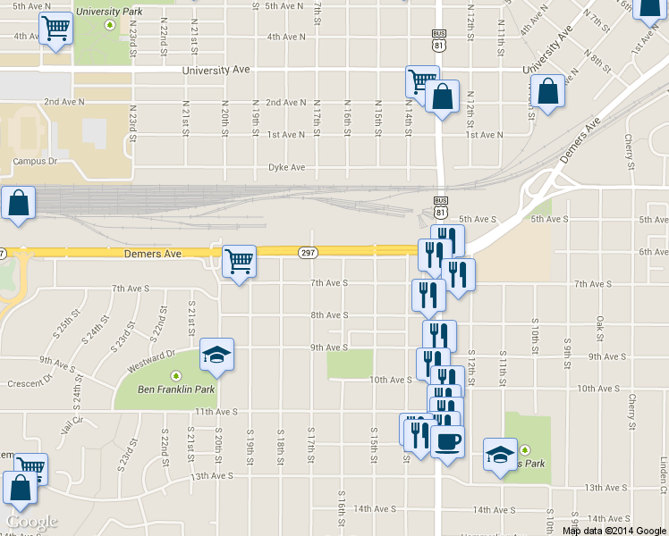 map of restaurants, bars, coffee shops, grocery stores, and more near 1607 Demers Ave in Grand Forks