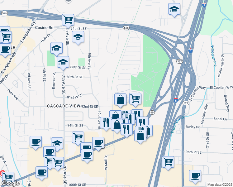 map of restaurants, bars, coffee shops, grocery stores, and more near 9009 West Mall Drive in Everett