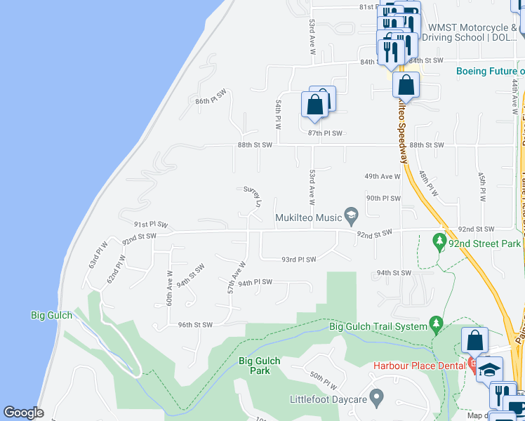 map of restaurants, bars, coffee shops, grocery stores, and more near 9045 Surrey Lane in Mukilteo
