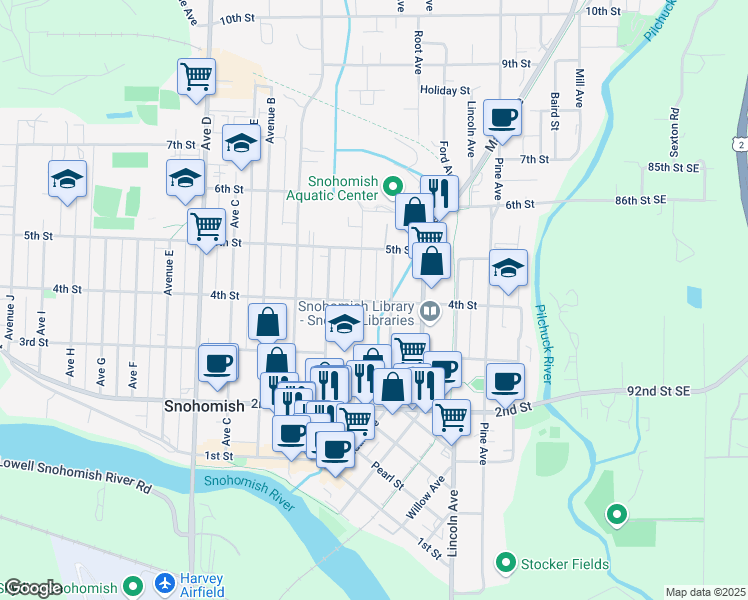 map of restaurants, bars, coffee shops, grocery stores, and more near 712 4th Street in Snohomish