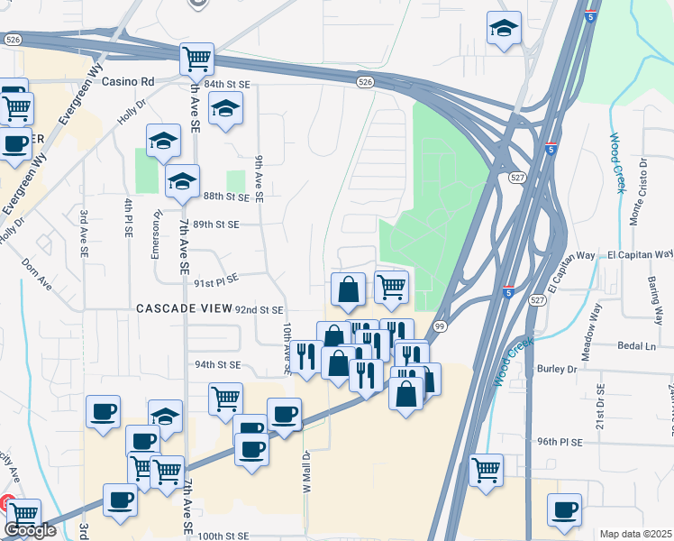 map of restaurants, bars, coffee shops, grocery stores, and more near 9009 West Mall Drive in Everett