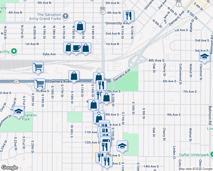map of restaurants, bars, coffee shops, grocery stores, and more near 623 South Washington Street in Grand Forks