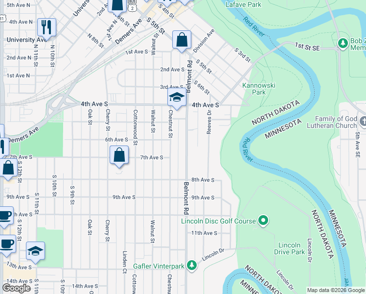 map of restaurants, bars, coffee shops, grocery stores, and more near 610 Belmont Road in Grand Forks