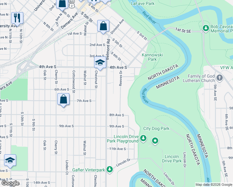 map of restaurants, bars, coffee shops, grocery stores, and more near 608 Reeves Dr in Grand Forks