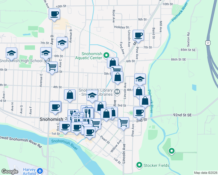 map of restaurants, bars, coffee shops, grocery stores, and more near 614 4th Street in Snohomish