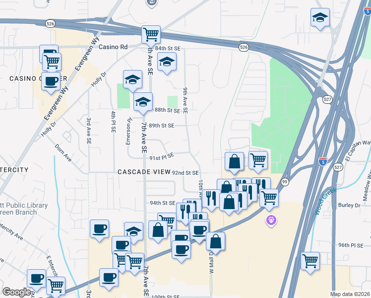 map of restaurants, bars, coffee shops, grocery stores, and more near 9018 9th Ave SE in Everett