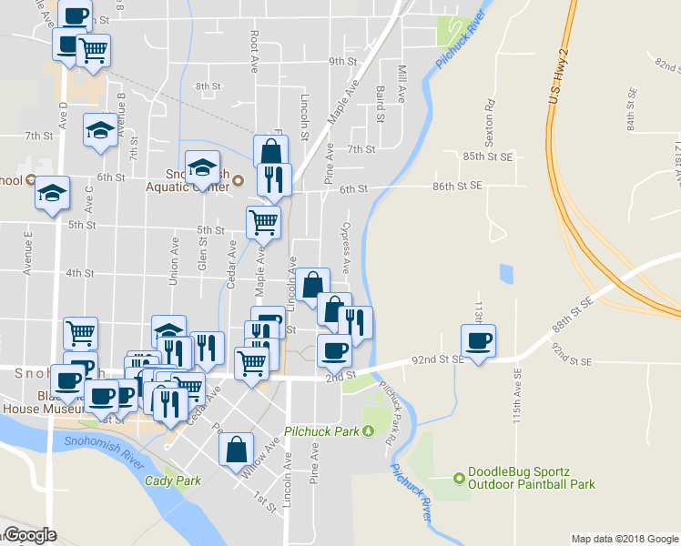 map of restaurants, bars, coffee shops, grocery stores, and more near 404 Cypress Avenue in Snohomish