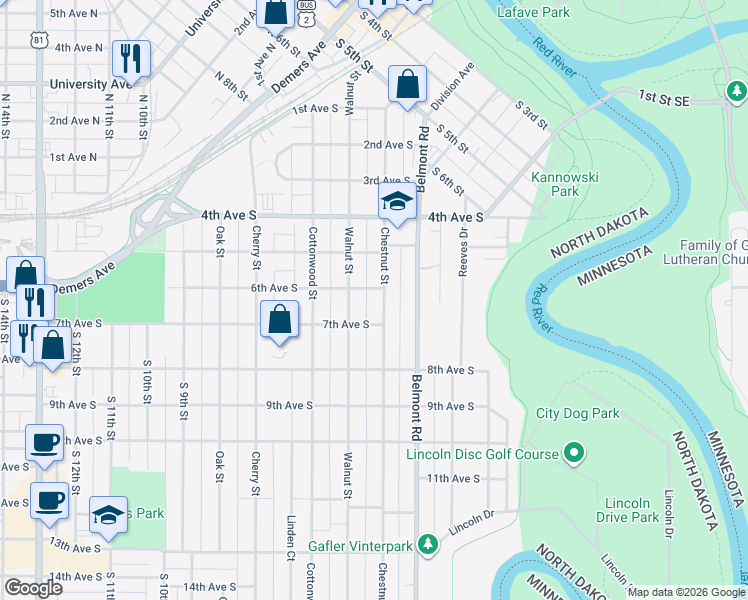 map of restaurants, bars, coffee shops, grocery stores, and more near 608 Chestnut Street in Grand Forks