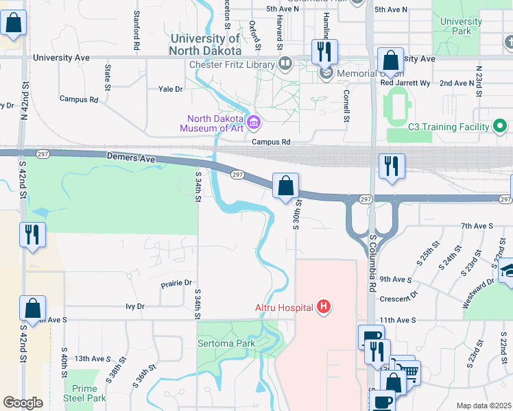 map of restaurants, bars, coffee shops, grocery stores, and more near 817 Dukerks Duke Drive in Grand Forks