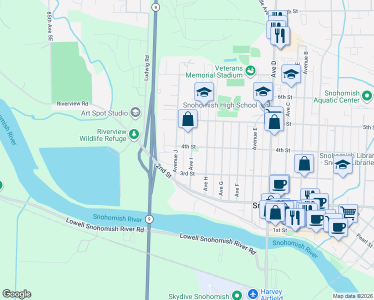 map of restaurants, bars, coffee shops, grocery stores, and more near 330 Avenue I in Snohomish