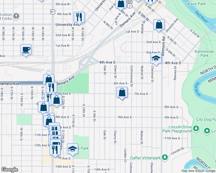 map of restaurants, bars, coffee shops, grocery stores, and more near 605 Oak Street in Grand Forks
