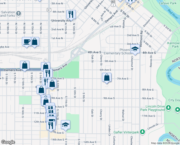 map of restaurants, bars, coffee shops, grocery stores, and more near 608 Oak Street in Grand Forks