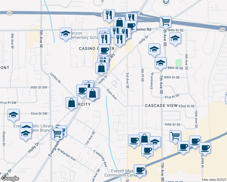map of restaurants, bars, coffee shops, grocery stores, and more near 123 Dorn Avenue in Everett