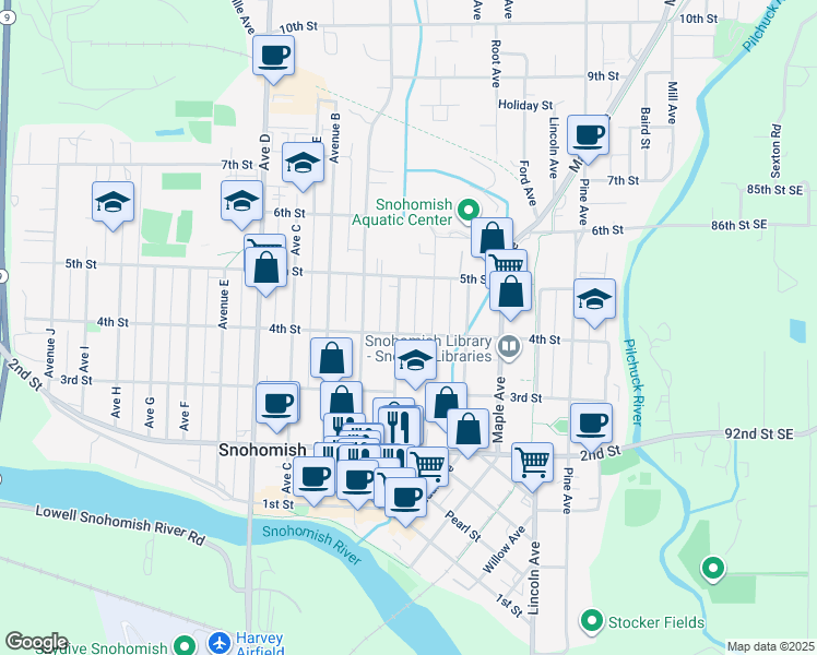 map of restaurants, bars, coffee shops, grocery stores, and more near 401 Union Avenue in Snohomish