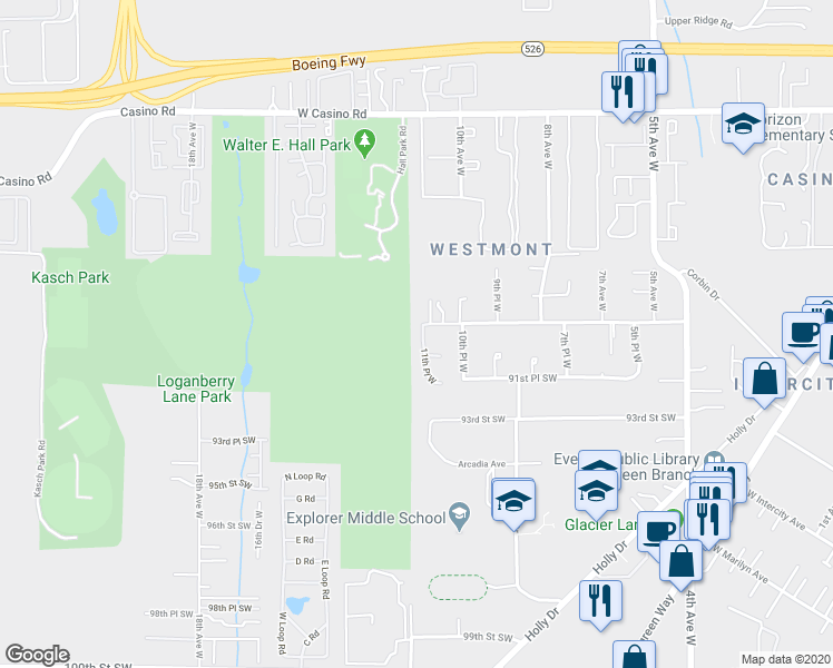 map of restaurants, bars, coffee shops, grocery stores, and more near 9016 11th Place West in Everett
