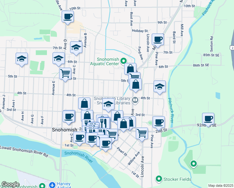 map of restaurants, bars, coffee shops, grocery stores, and more near 712 4th Street in Snohomish