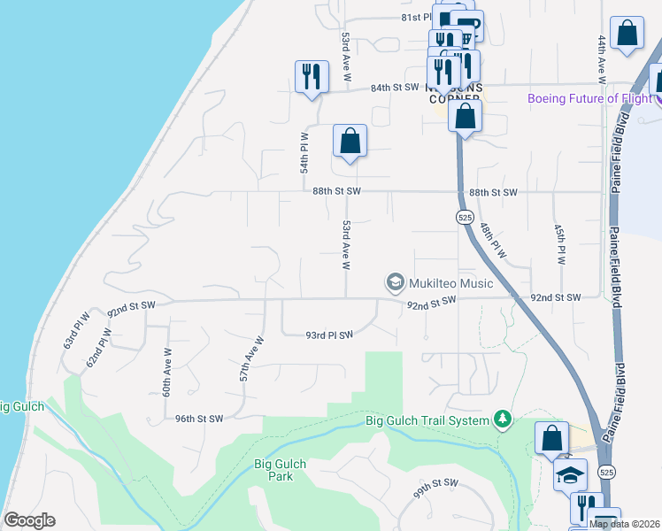 map of restaurants, bars, coffee shops, grocery stores, and more near 5313 91st Court Southwest in Mukilteo