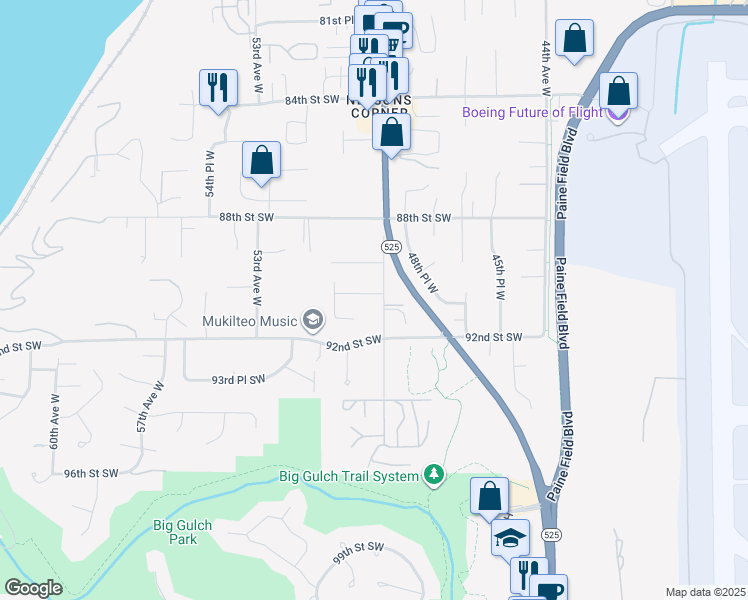 map of restaurants, bars, coffee shops, grocery stores, and more near 4912 90th Place Southwest in Mukilteo