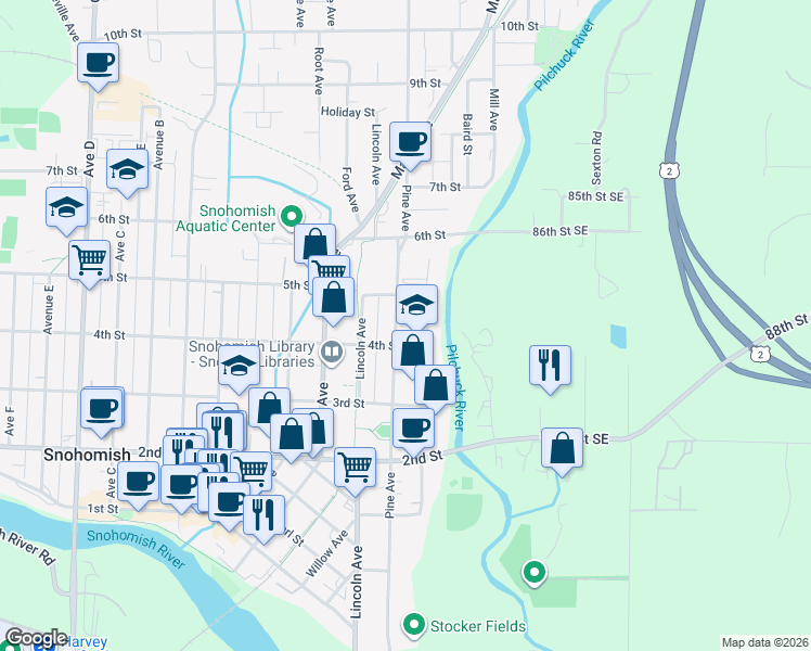 map of restaurants, bars, coffee shops, grocery stores, and more near 404 Cypress Avenue in Snohomish
