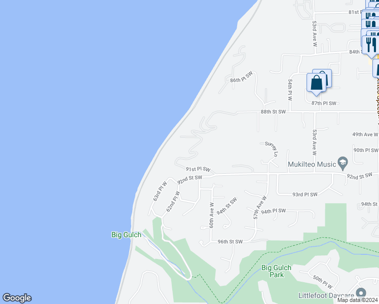 map of restaurants, bars, coffee shops, grocery stores, and more near 61st Place West in Mukilteo
