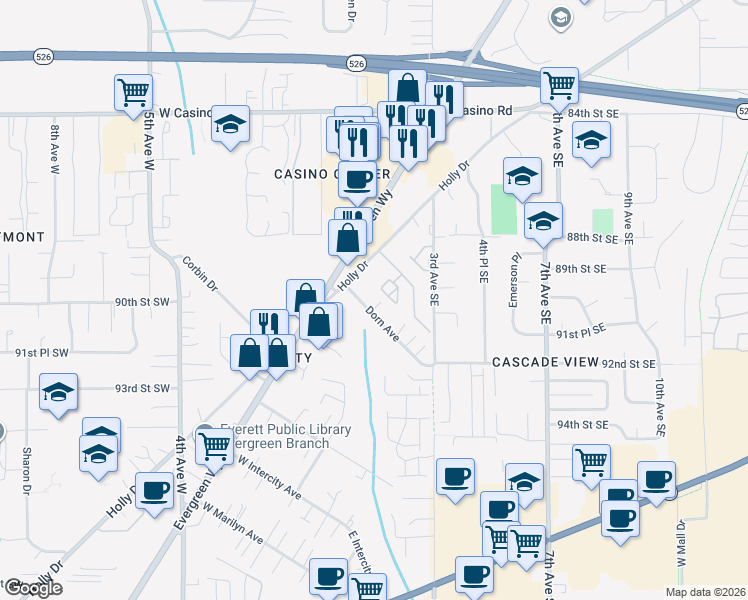 map of restaurants, bars, coffee shops, grocery stores, and more near 115 Dorn Avenue in Everett