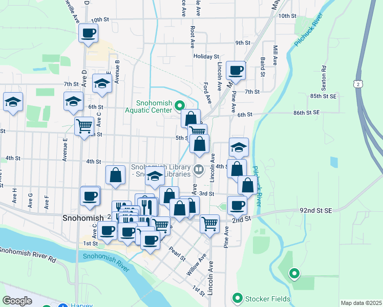 map of restaurants, bars, coffee shops, grocery stores, and more near 614 4th Street in Snohomish