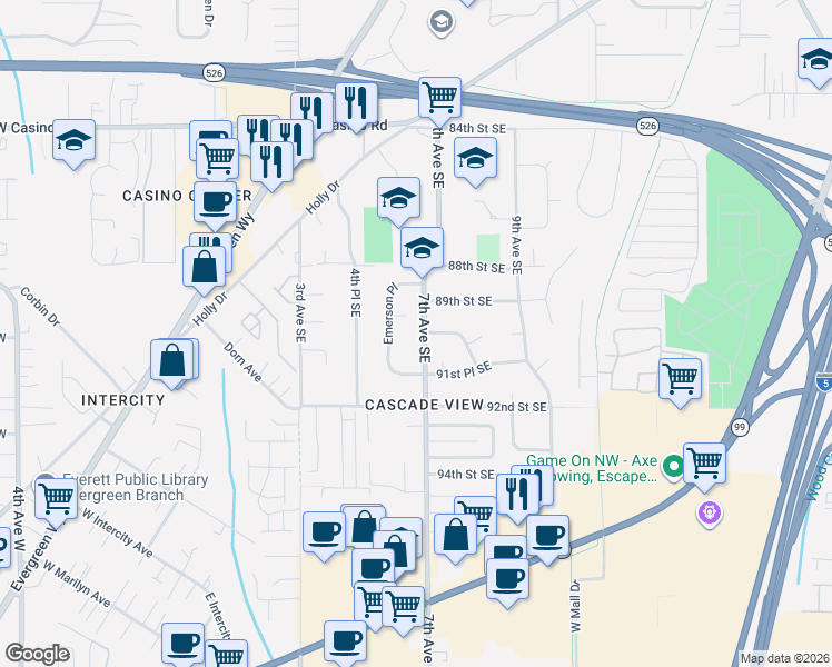 map of restaurants, bars, coffee shops, grocery stores, and more near 8930 7th Avenue Southeast in Everett