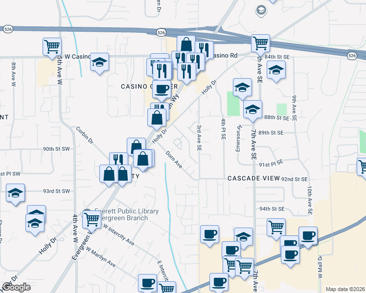 map of restaurants, bars, coffee shops, grocery stores, and more near 8823 Holly Drive in Everett