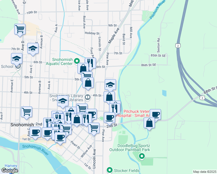 map of restaurants, bars, coffee shops, grocery stores, and more near 404 Cypress Avenue in Snohomish