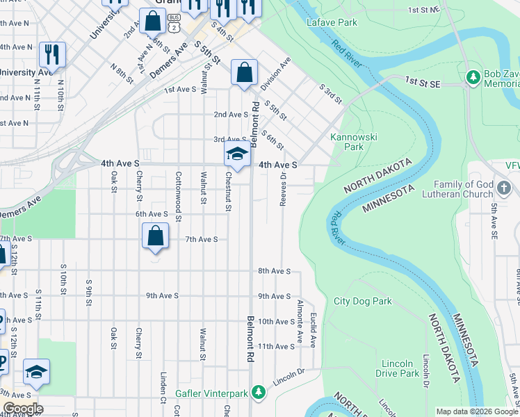map of restaurants, bars, coffee shops, grocery stores, and more near 610 Belmont Road in Grand Forks