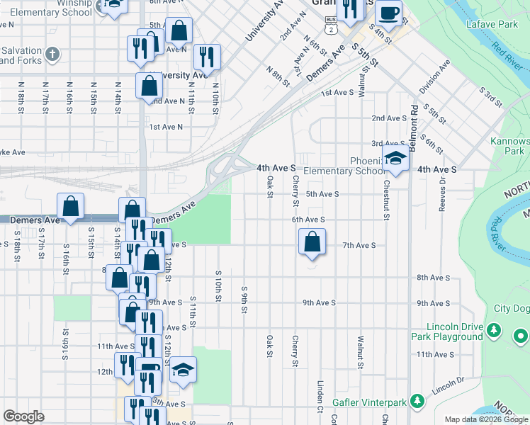map of restaurants, bars, coffee shops, grocery stores, and more near 608 Oak Street in Grand Forks