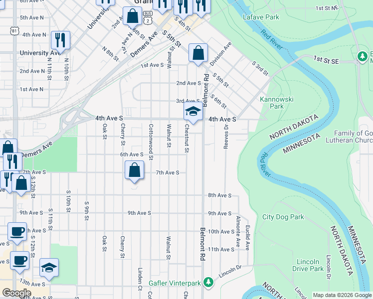 map of restaurants, bars, coffee shops, grocery stores, and more near 608 Chestnut Street in Grand Forks