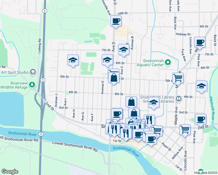 map of restaurants, bars, coffee shops, grocery stores, and more near 416 Avenue D in Snohomish