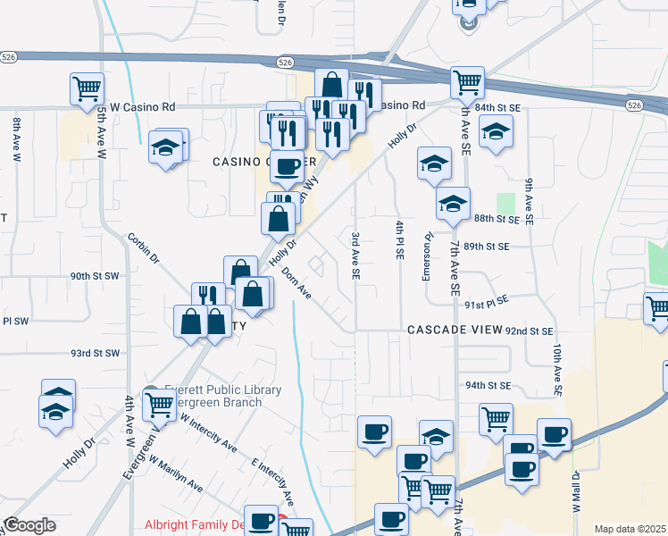 map of restaurants, bars, coffee shops, grocery stores, and more near 8823 Holly Drive in Everett