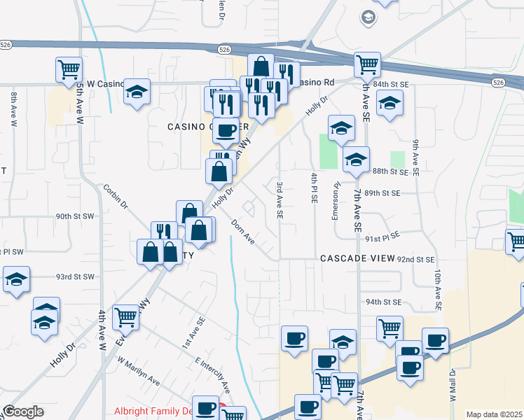 map of restaurants, bars, coffee shops, grocery stores, and more near 8823 Holly Drive in Everett