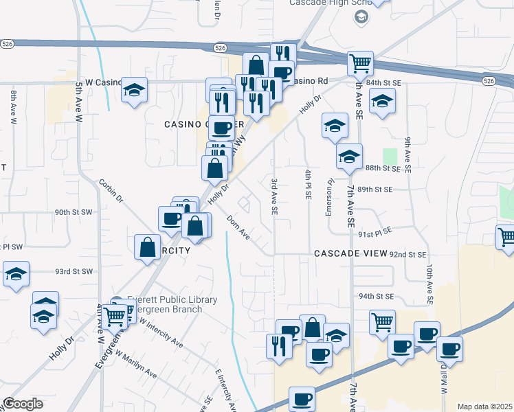 map of restaurants, bars, coffee shops, grocery stores, and more near 8823 Holly Drive in Everett