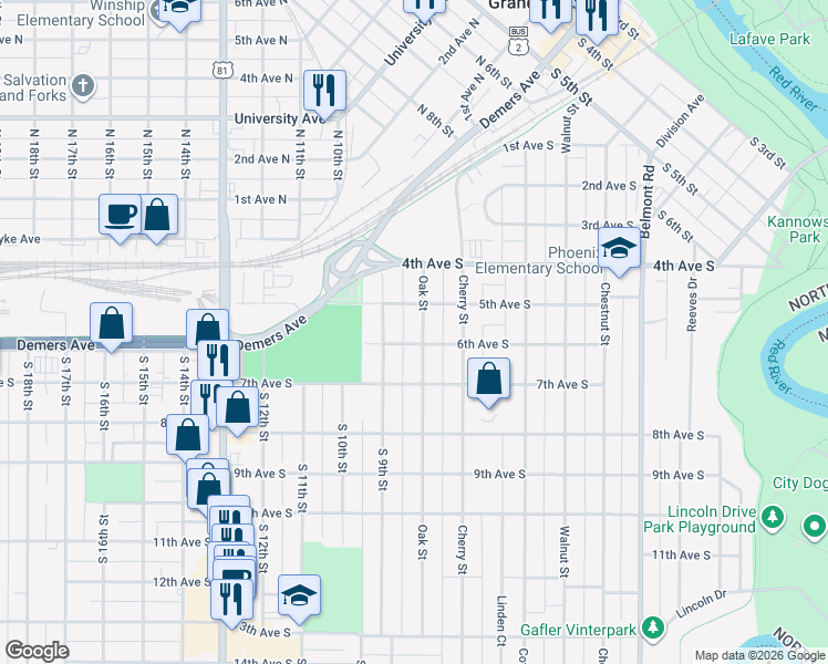 map of restaurants, bars, coffee shops, grocery stores, and more near 608 Oak Street in Grand Forks