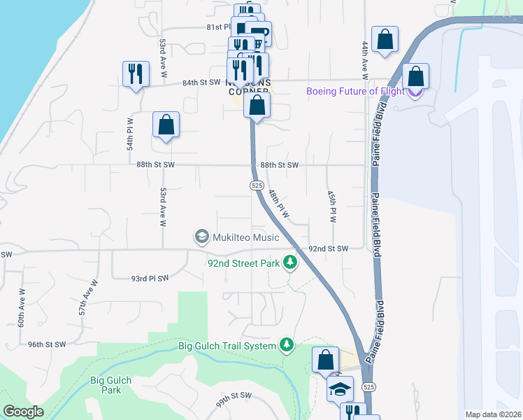 map of restaurants, bars, coffee shops, grocery stores, and more near 4840 Village Lane in Mukilteo