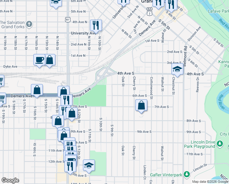 map of restaurants, bars, coffee shops, grocery stores, and more near 608 Oak Street in Grand Forks
