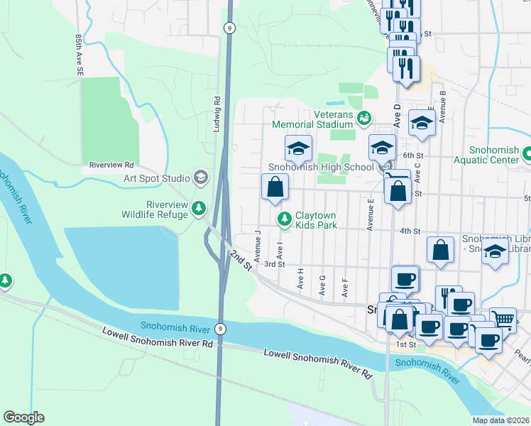 map of restaurants, bars, coffee shops, grocery stores, and more near 1815 5th Street in Snohomish