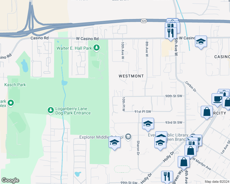 map of restaurants, bars, coffee shops, grocery stores, and more near 1013 90th Street Southwest in Everett